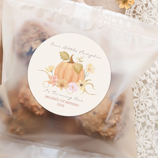 Adesivo Redondo Nosso Pequeno Aniversário Floral da Abóbora (Criador carregado)