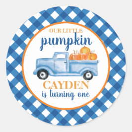 Adesivo Redondo Nosso pequeno primeiro aniversario de xadrez azul 