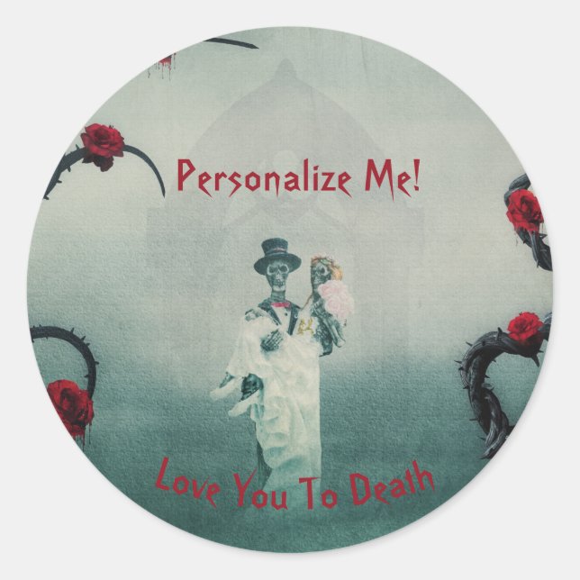 Adesivo Redondo Nota de amor de casamento de esqueleto gótico até  (Frente)