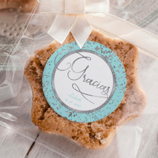 Adesivo Redondo Nota de presente do Círculo, Bebê Azul Prata Graci (Criador carregado)