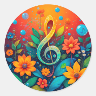 Adesivo Redondo Nota Musical Artística Rodeada Por Flores Colorida