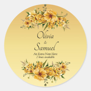 Adesivo Redondo Nota + Nomes dos Noivos Flores Amarelo Dourado
