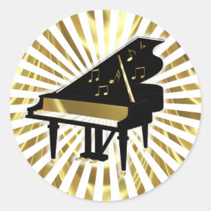 Adesivo Redondo Notas Dourados e pretas da música do piano de