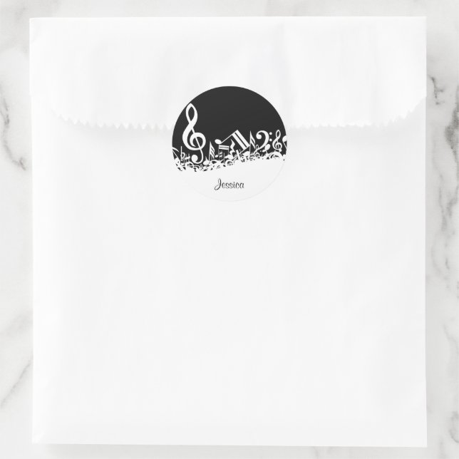Adesivo Redondo Notas Musicais Brancas Personalizadas em Preto (Bolsa)