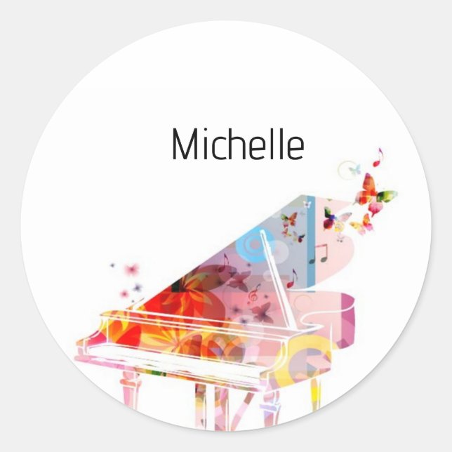 Adesivo Redondo Notas Musicais e Chaves Pianas Pretas e Douradas (Frente)