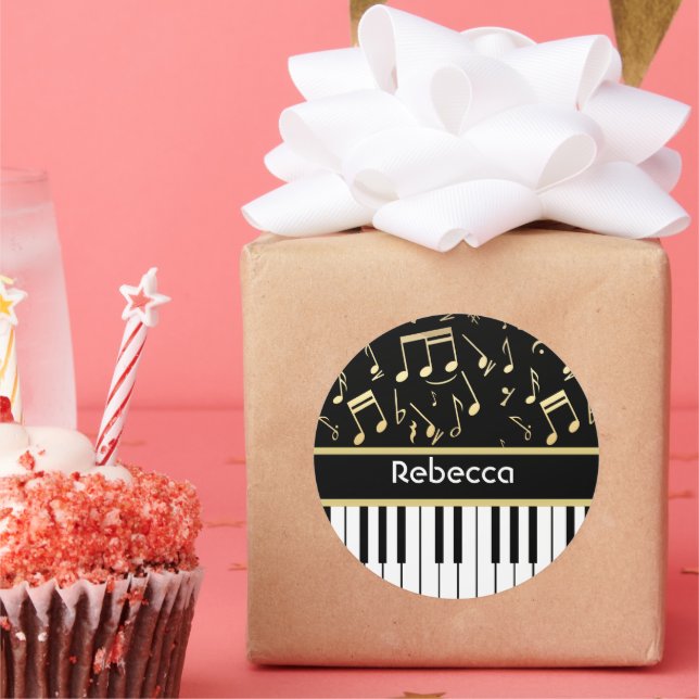 Adesivo Redondo Notas Musicais e Chaves Pianas Pretas e Douradas (Festa)