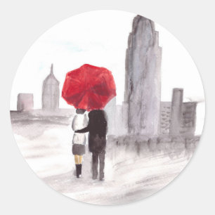 Adesivo Redondo Nova York ama casal com guarda-chuva vermelha
