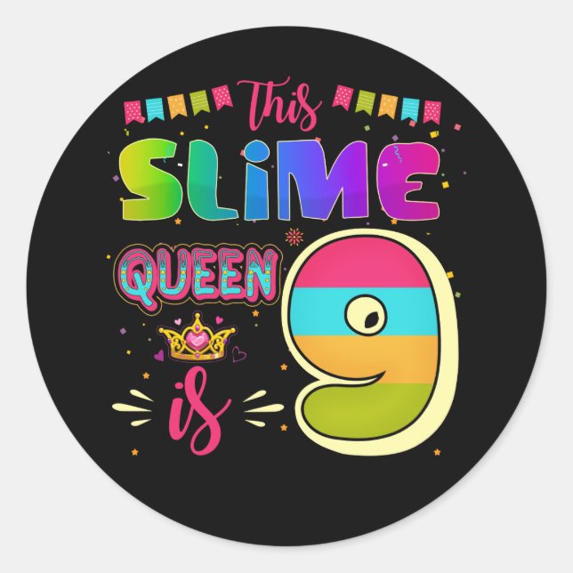 Adesivo Redondo Nove anos Festa de Rainha do Slime do Aniversário (Frente)