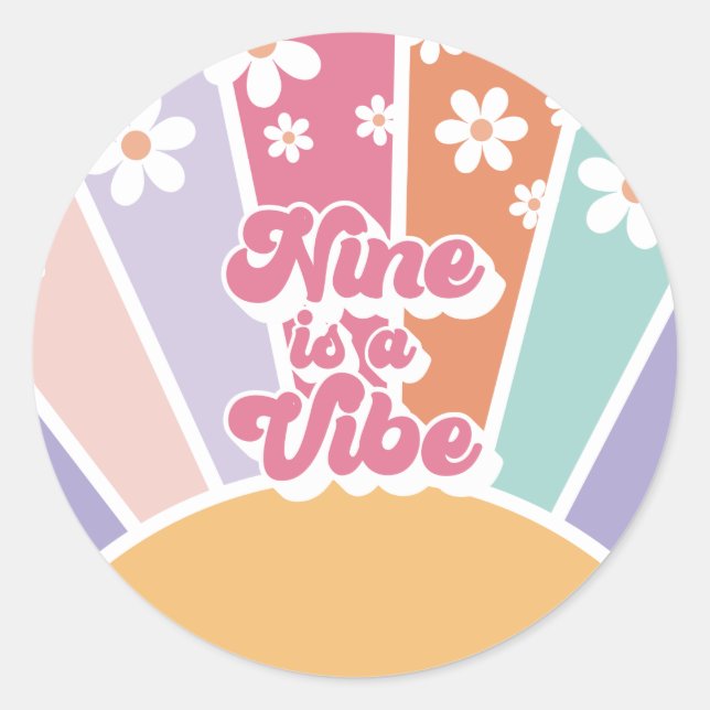 Adesivo Redondo Nove é uma Vibe Retro Sunshine Rainbow Daisy (Frente)