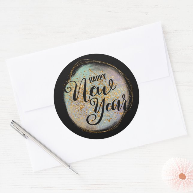 Adesivo Redondo Novo Ano Dourado Negro (Envelope)