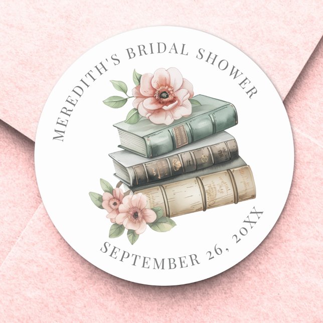 Adesivo Redondo Novo Capítulo Floral Livro Chá de Noiva (New Chapter Floral Book Bridal Shower Classic Round Sticker)