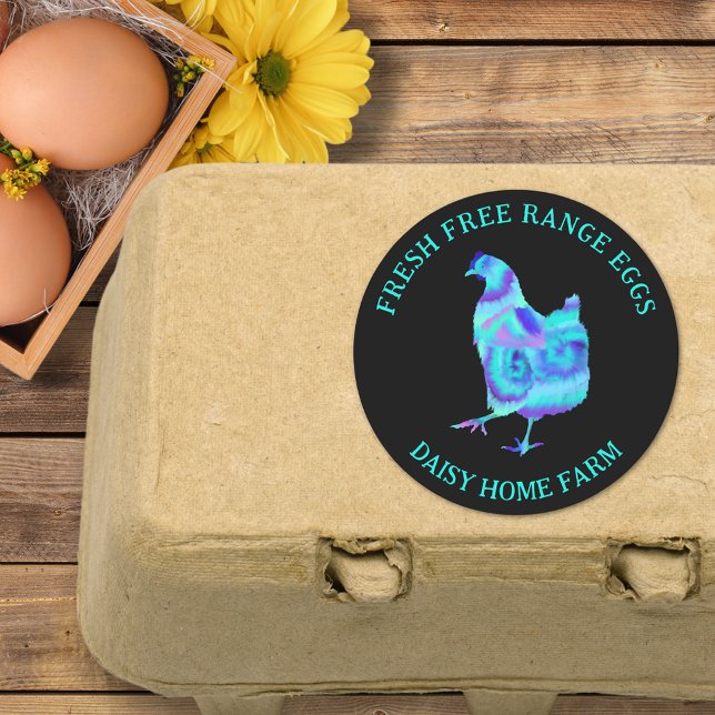 Adesivo Redondo Novos Ovos Modernos Negócios (Fresh free range chicken egg box stickers colorful hen with personalized small business name)