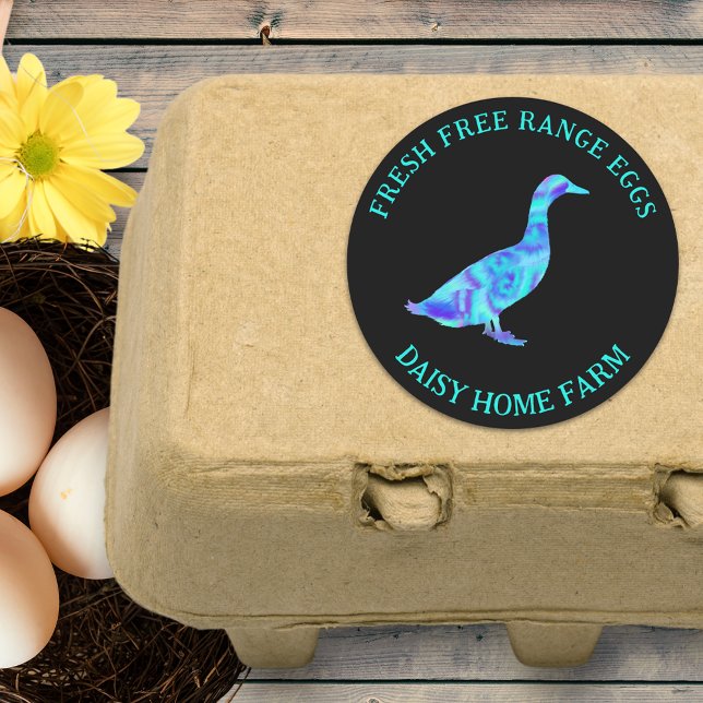 Adesivo Redondo Novos Ovos Modernos Negócios (Fresh free range duck eggs custom business stickers with bold colorful watercolor duck art)