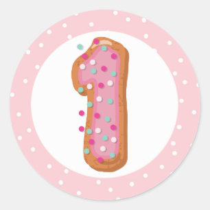 Adesivo Redondo Número 1 Um Donuts Rosa Congelado Bebê Primeiro An