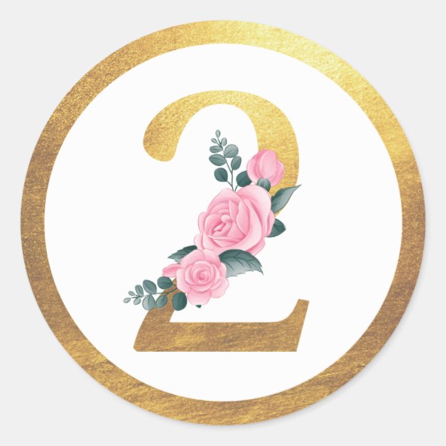 Adesivo Redondo Número 2 Duas Rosas Rosa Floral e Elegante Dourada (Frente)