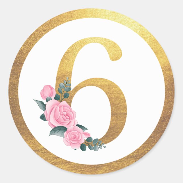Adesivo Redondo Número 6 Rosas Rosa 6 Floral e Elegante Dourado (Frente)