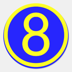 Adesivo Redondo número 8 em um círculo, fundo azul