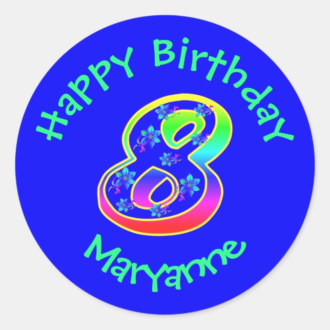 Adesivo Redondo Número 8 Festas de aniversário com palhetas (Frente)