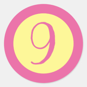 Adesivo Redondo Número 9 - Texto rosa personalizável em amarelo