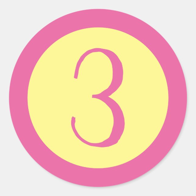 Adesivo Redondo Número de Idade 3 Texto rosa personalizável em ama (Frente)