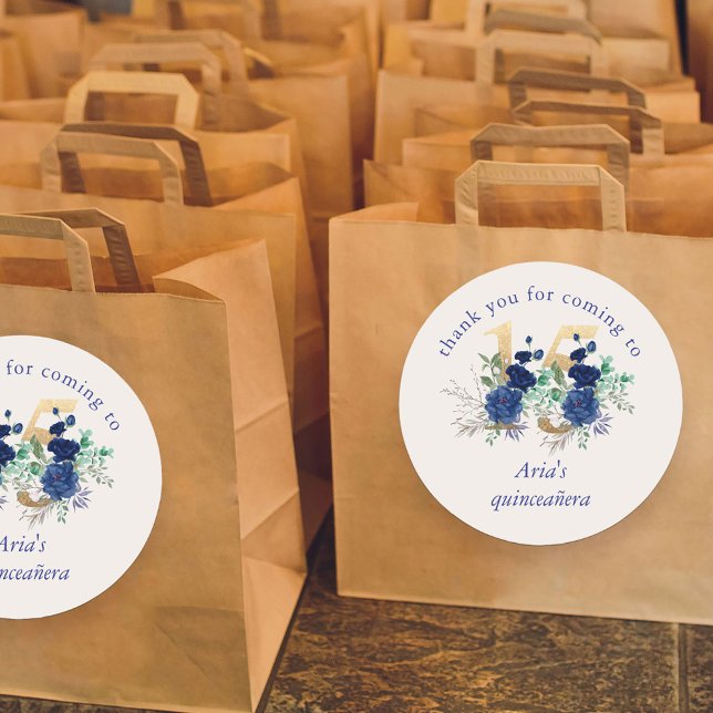 Adesivo Redondo Número Floral 15 Ivory Royal Blue Quinceanera (Quinceanera favor stickers  with royal blue and ivory roses from my Royal Rose collection)