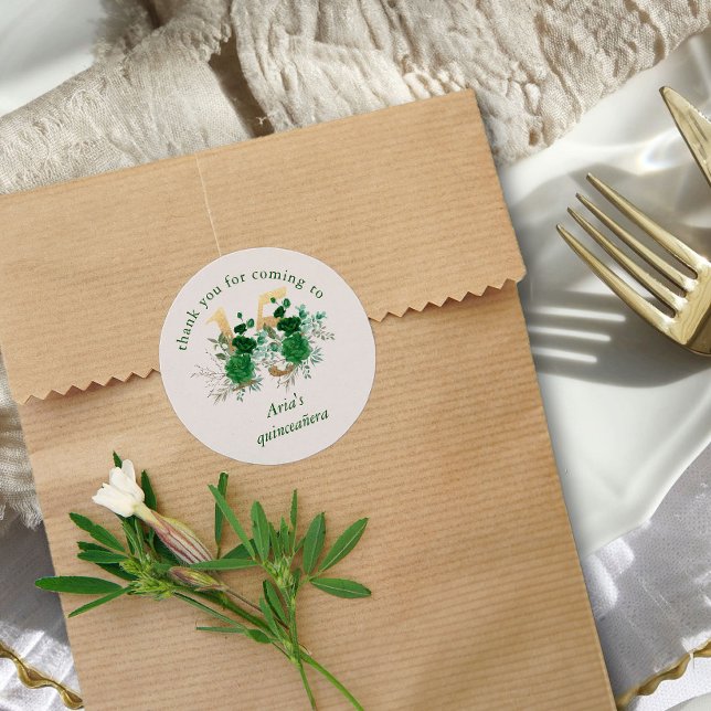 Adesivo Redondo Número Floral 15 Marfim Verde e Dourado Quinceaner (Thank You stickers from the Royal Rose Emerald Green Quinceanera Collection by Darling & May)