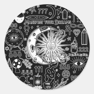 Adesivo Redondo Numerologia Sortuda Manifestando Magia Preto Branc
