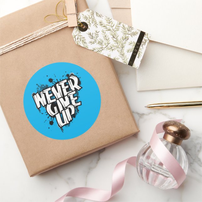 Adesivo Redondo NUNCA DESISTAR, Citação Motivada Preto e Branco (Presentear)