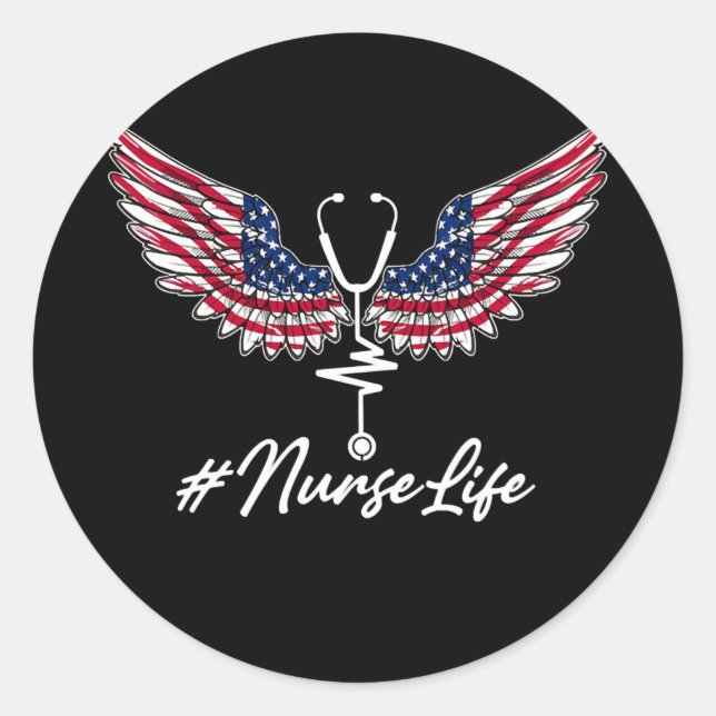 Adesivo Redondo Nurse Life Angel Wings American Flag Stethoscope (Frente)