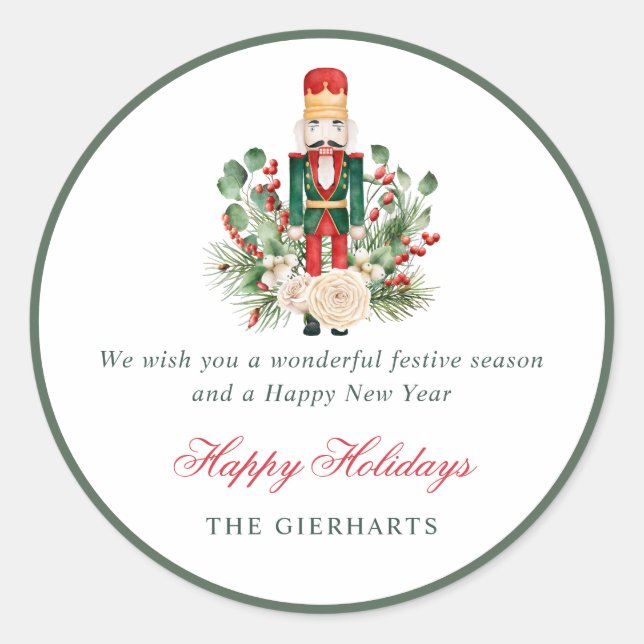 Adesivo Redondo Nutcracker and Greenery Happy Holidays Christmas (Frente)