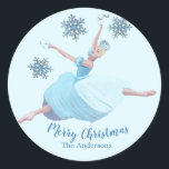 Adesivo Redondo Nutcracker Christmas Ballerina Snowflakes<br><div class="desc">Bonito design de Natal inspirado no Walz dos Flocos de Neve do balé Noz. O texto é fácil de personalizar com modelos - opção. Arte e design por Mira</div>