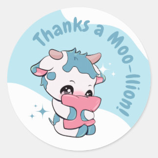 Adesivo Redondo Nuvem Branca de Vaca Azul Verde Pastel Obrigado