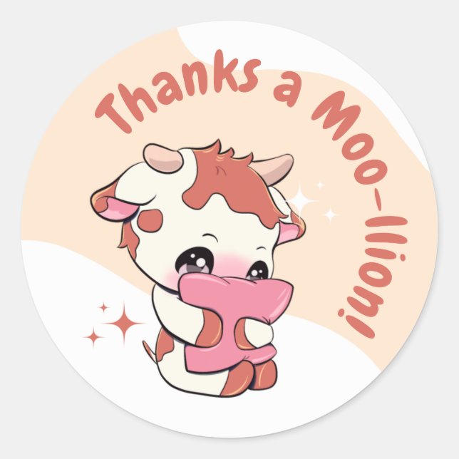 Adesivo Redondo Nuvem Branca de Vaca Laranja Pastel Obrigado (Frente)