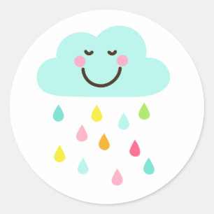 Adesivo Redondo Nuvem feliz bonito com pingos de chuva coloridos