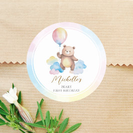 Adesivo Redondo Nuvens de Balão de Urso de Pelúcia Primeiro Aniver