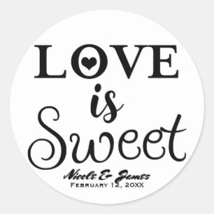 Adesivo Redondo O AMOR É DOCE Favor de casamento moderno preto e b