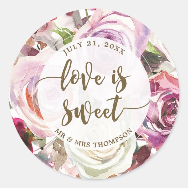 Adesivo Redondo o amor é doce rosa púrpura floral bengala (Frente)