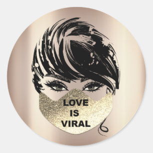 Adesivo Redondo O Amor é o Coronavírus Viral Tempo Dourado Máscara