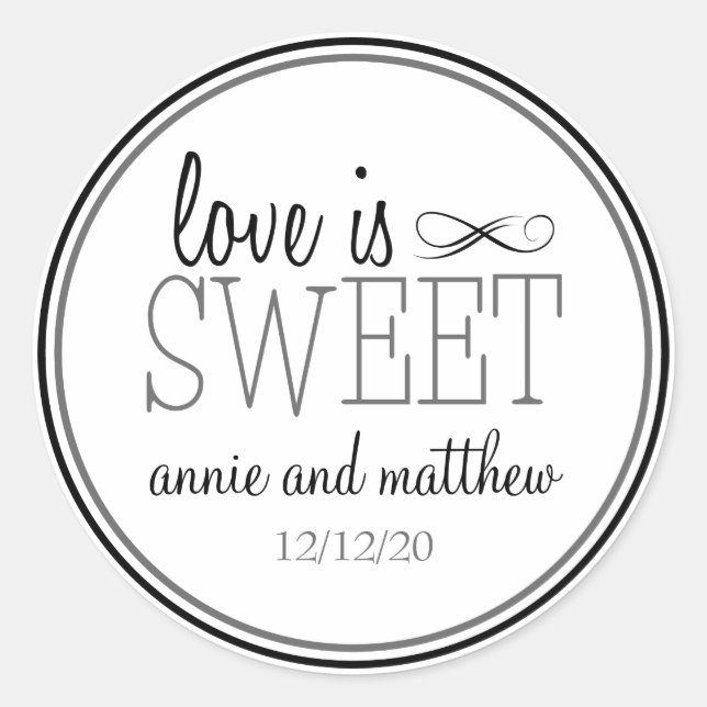 Adesivo Redondo O Amor é Rótulos Doces (Preto / Cinza) (Frente)