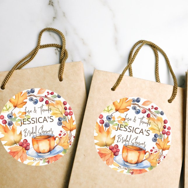 Adesivo Redondo O amor está criando chá de panela obrigado de outo (Love is brewing bridal shower favor thank you gift stickers fall themed pumpkin wreath favor sticker)