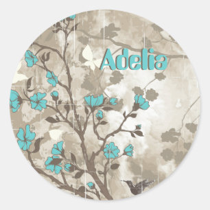 Adesivo Redondo O aqua do vintage floresce o costume floral do