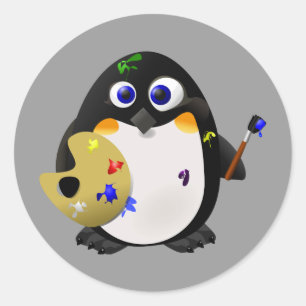 Adesivo Redondo "O artista" -- Pinguim bonito do pintor