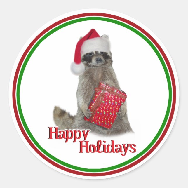 Adesivo Redondo O Bandit Raccoon de Natal com Presente (Frente)