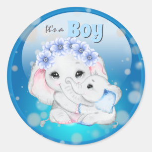 Adesivo Redondo O bebê elefante com a mãe é um menino