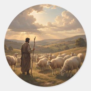 Adesivo Redondo O Bom Pastor – Arte Clássica do Pastor Cristão