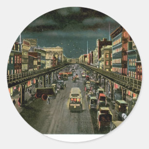 Adesivo Redondo O Bowery, por Noite, Nova Iorque. Vintage.
