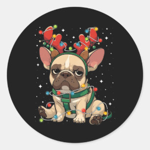 Adesivo Redondo O Bulldog Francês Bonito Caiu Em Luzes De Natal
