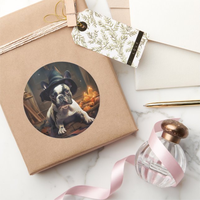 Adesivo Redondo O Bulldog Francês Pumpkins Halloween Assustado (Presentear)