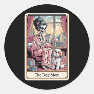 Adesivo Redondo O Cachorro Mãe Esqueleto Tarot Card Engraçado Pet