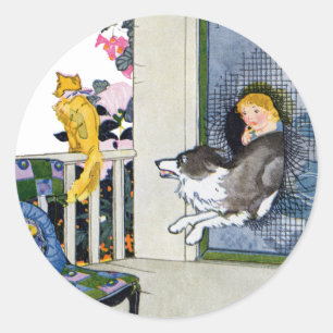 Adesivo Redondo O cão rebenta a porta de tela para obter o gato